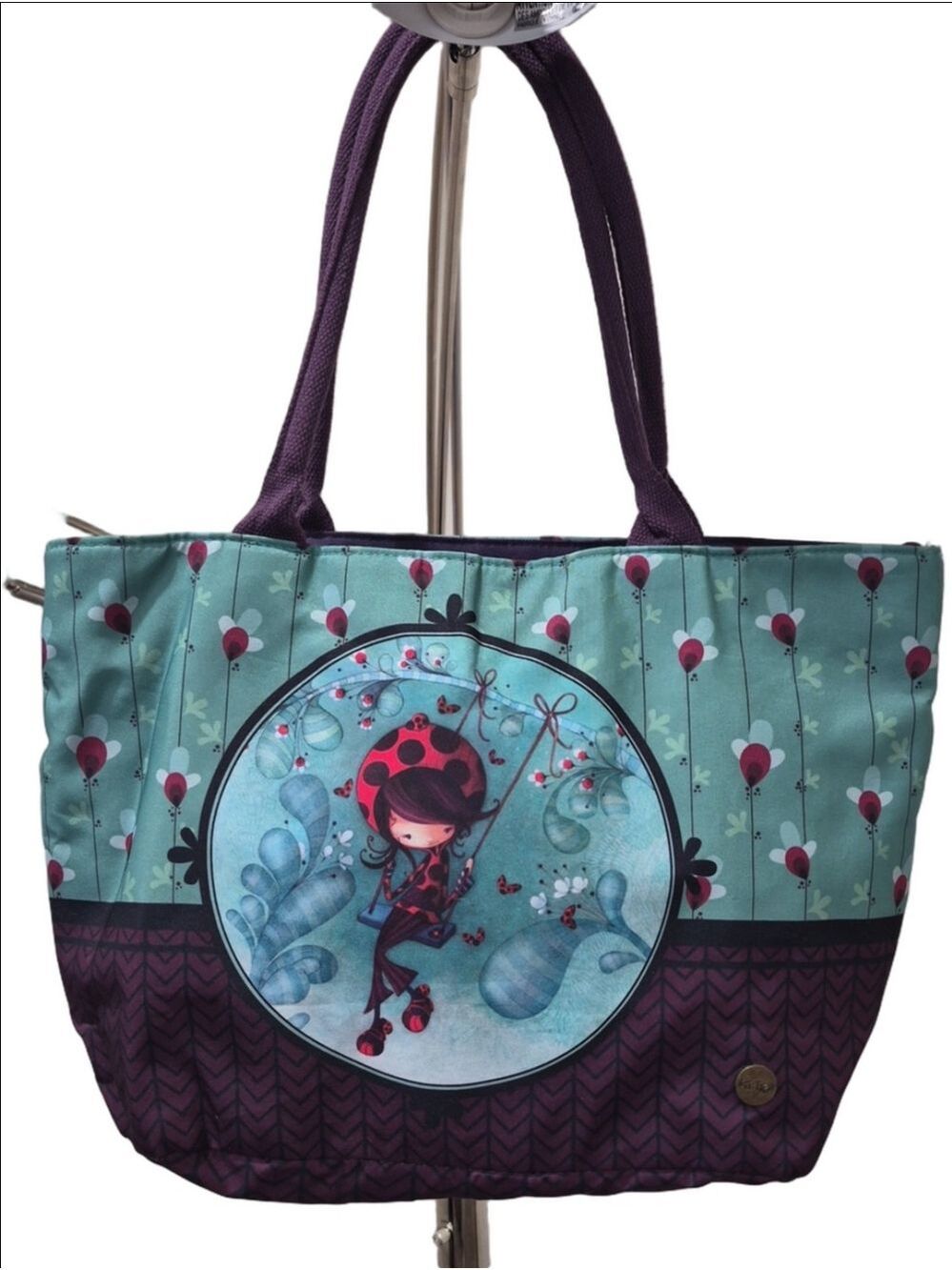Ketto Whimsical Ladybug Graphic Tote Bag - Teal & Purple Large Shoulder Bag